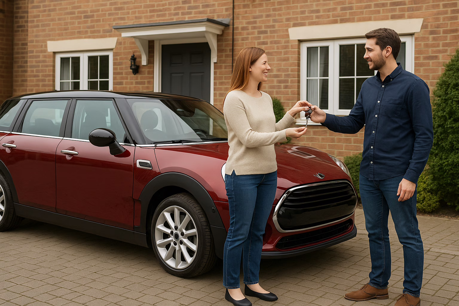 Two people exchanging keys while selling a Mini Clubman in a residential driveway