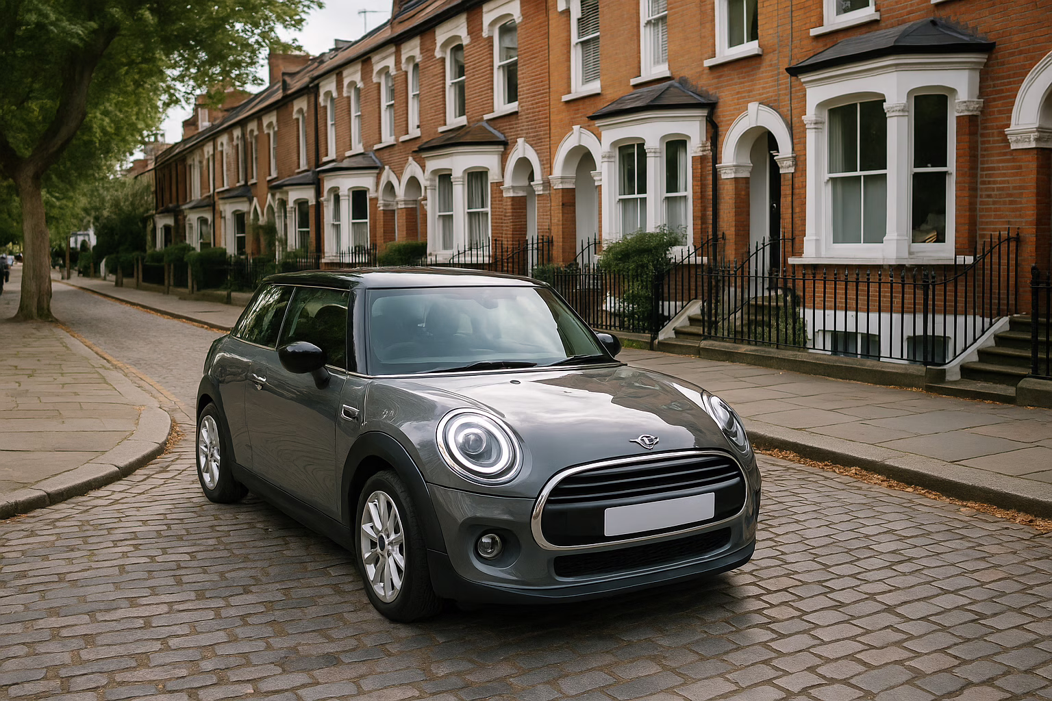 Grey Mini Cooper parked on a quiet street in Chiswick, West London, with brick townhouses in the background.