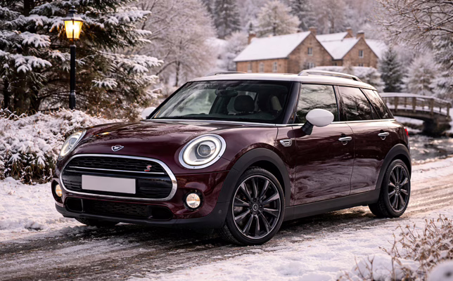 Mini Clubman parked in a winter village setting in the UK