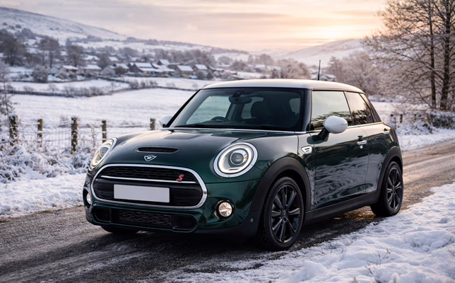 Mini Cooper S in a winter countryside setting in the UK